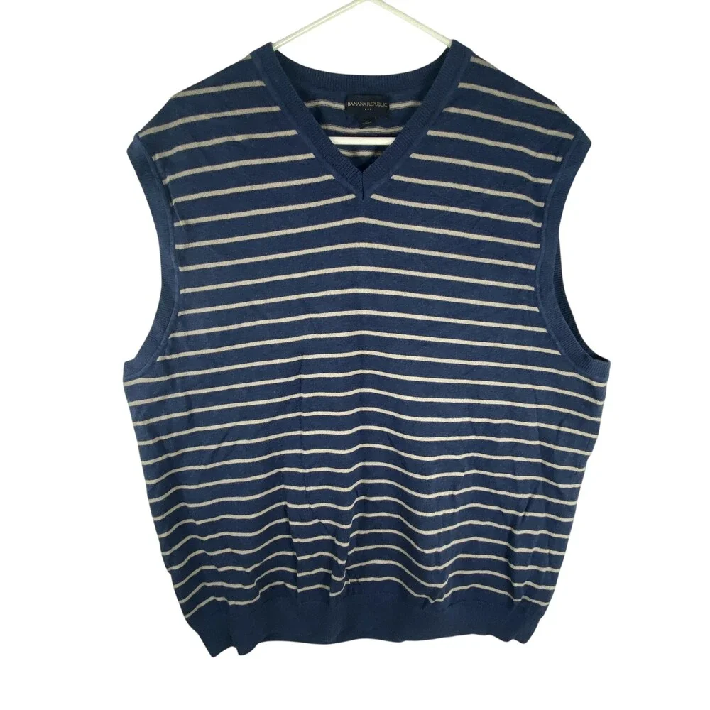 Banana Republic Sweater Vest Mens XL Blue Cotton V Neck Striped Knit Pullover